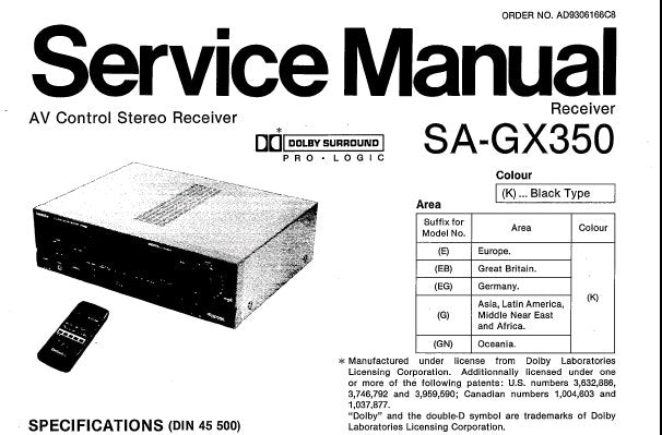 TECHNICS SA-GX350 AV CONTROL STEREO RECEIVER SERVICE MANUAL INC CONN DIAGS BLK DIAG SCHEM DIAGS PCB'S AND PARTS LIST 34 PAGES ENG