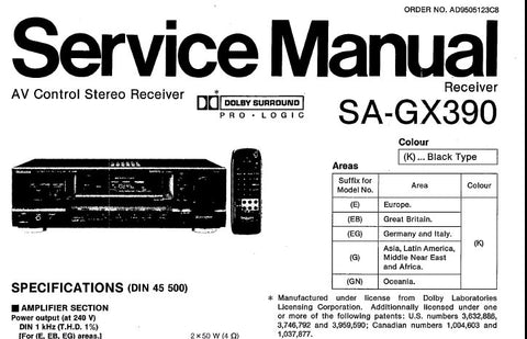 TECHNICS SA-GX390 AV CONTROL STEREO RECEIVER SERVICE MANUAL INC CONN DIAGS TRSHOOT GUIDE BLK DIAG WIRING CONN DIAG SCHEM DIAGS PCB'S AND PARTS LIST 56 PAGES ENG