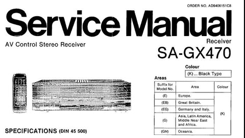 TECHNICS SA-GX470 AV CONTROL STEREO RECEIVER SERVICE MANUAL INC CONN DIAGS TRSHOOT GUIDE BLK DIAG WIRING CONN DIAG SCHEM DIAGS PCB'S AND PARTS LIST 33 PAGES ENG