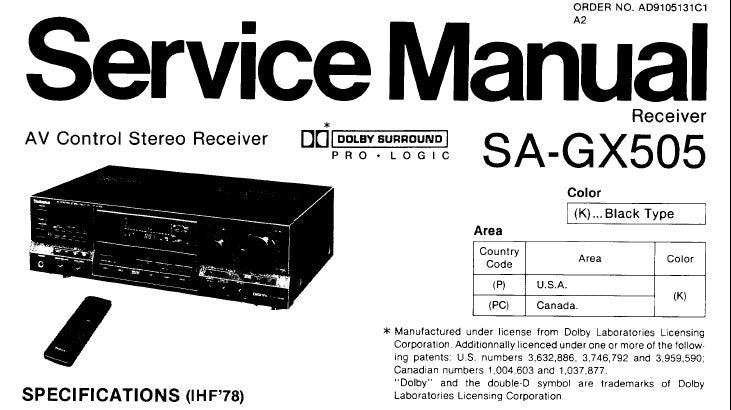 TECHNICS SA-GX505 AV CONTROL STEREO RECEIVER SERVICE MANUAL INC BLK DIAG SCHEM DIAGS AND PARTS LIST 48 PAGES ENG