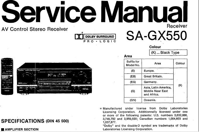 TECHNICS SA-GX550 AV CONTROL STEREO RECEIVER SERVICE MANUAL INC CONN DIAGS BLK DIAG WIRING CONN DIAG SCHEM DIAGS PCB'S AND PARTS LIST 48 PAGES ENG