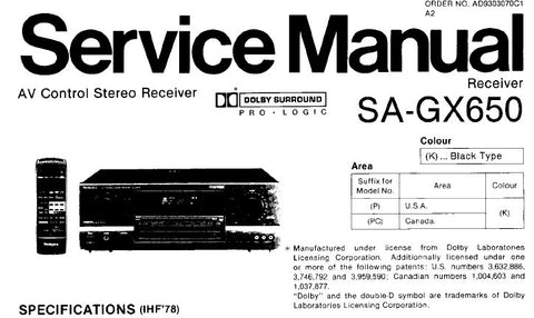 TECHNICS SA-GX650 AV CONTROL STEREO RECEIVER SERVICE MANUAL INC CONN DIAGS BLK DIAG SCHEM DIAGS AND PARTS LIST 48 PAGES ENG