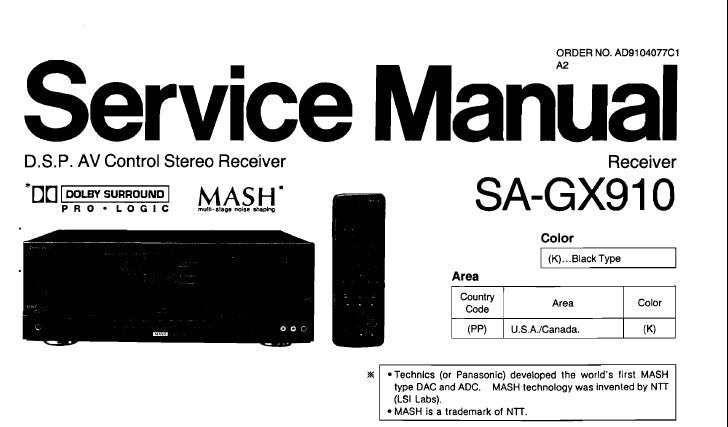 TECHNICS SA-GX910 DSP AV CONTROL STEREO RECEIVER SERVICE MANUAL INC CONN DIAGS BLK DIAG WIRING CONN DIAG SCHEM DIAG PCB'S AND PARTS LIST 68 PAGES ENG