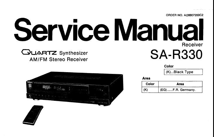 TECHNICS SA-R330 QUARTZ SYNTHESIZER AM FM STEREO RECEIVER SERVICE MANUAL INC CONN DIAGS BLK DIAG PCB'S SCHEM DIAG AND PARTS LIST 28 PAGES ENG