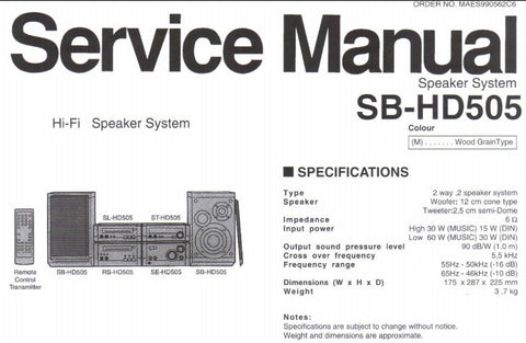 TECHNICS SB-HD505 HIFI SPEAKER SYSTEM SERVICE MANUAL INC SCHEM DIAG AND PARTS LIST 2 PAGES ENG