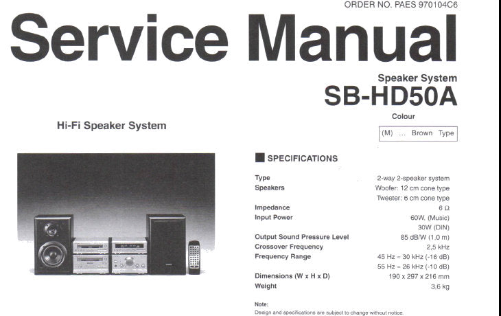 TECHNICS SB-HD50A HIFI SPEAKER SYSTEM SERVICE MANUAL INC SCHEM DIAG AND PARTS LIST 4 PAGES ENG