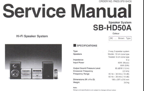 TECHNICS SB-HD50A HIFI SPEAKER SYSTEM SERVICE MANUAL INC SCHEM DIAG AND PARTS LIST 4 PAGES ENG