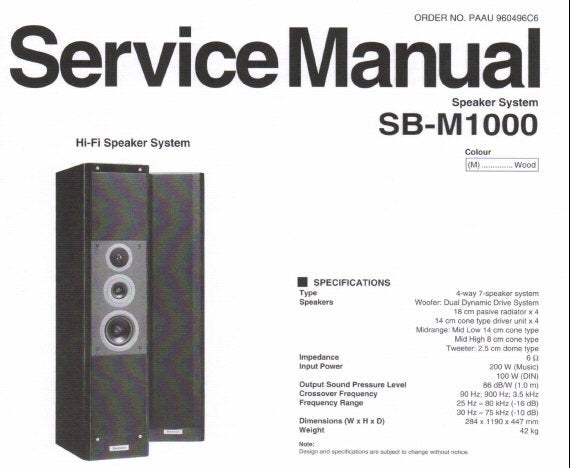 TECHNICS SB-M1000 HIFI SPEAKER SYSTEM SERVICE MANUAL INC SCHEM DIAG AND PARTS LIST 12 PAGES ENG