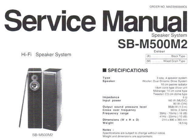 TECHNICS SB-M500M2 HIFI SPEAKER SYSTEM SERVICE MANUAL INC