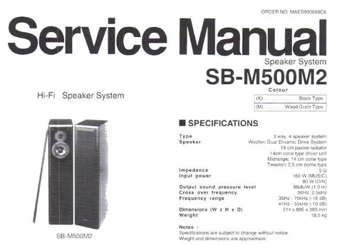 TECHNICS SB-M500M2 HIFI SPEAKER SYSTEM SERVICE MANUAL INC SCHEM DIAG AND PARTS LIST 10 PAGES ENG