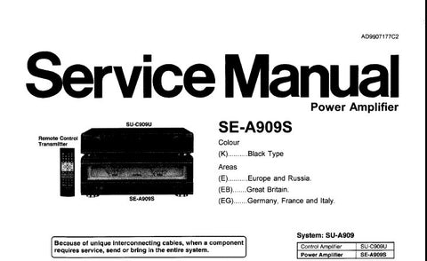 TECHNICS SE-A909S STEREO POWER AMPLIFIER SERVICE MANUAL INC BLK DIAG WIRING DIAG SCHEM DIAGS PCB'S AND PARTS LIST 38 PAGES ENG