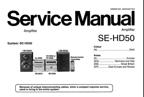 TECHNICS SE-HD50 STEREO AMPLIFIER SERVICE MANUAL INC CONN DIAGS SCHEM DIAGS PCB'S WIRING CONN DIAG BLK DIAG AND PARTS LIST 24 PAGES ENG