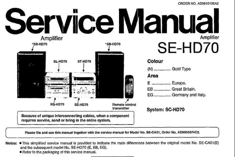 TECHNICS SE-HD70 AND SE-CA01 STEREO AMPLIFIER SERVICE MANUAL INC CONN DIAGS SCHEM DIAGS PCB'S WIRING CONN DIAG BLK DIAG AND PARTS LIST 38 PAGES ENG