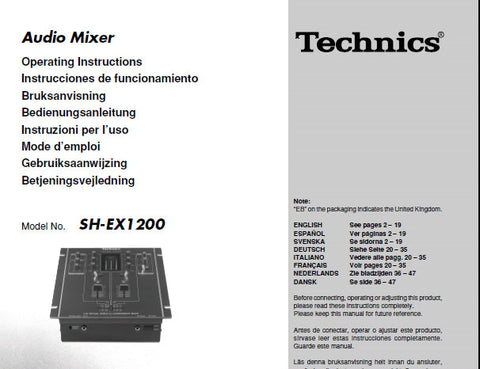 TECHNICS SH-EX1200 AUDIO MIXER OPERATING INSTRUCTIONS INC CONN DIAGS BLK DIAG AND TRSHOOT GUIDE 12 PAGES FRANC ITAL DEUT