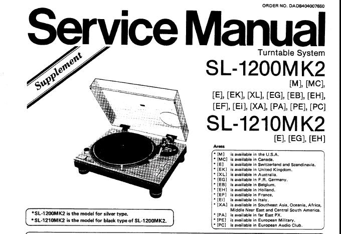 TECHNICS SL-1200MK2 SL-1210MK2 TURNTABLE SYSTEM SERVICE MANUAL INC PCB'S WIRING CONN DIAG SCHEM DIAGS BLK DIAGS TRSHOOT GUIDE AND PARTS LIST 39 PAGES ENG DEUT FRANC ESP