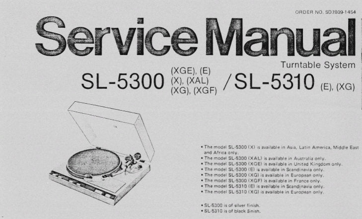 TECHNICS SL-5300 SL-5310 TURNTABLE SYSTEM SERVICE MANUAL INC SCHEM DIAG PCB'S TRSHOOT GUIDE AND PARTS LIST 19 PAGES ENG