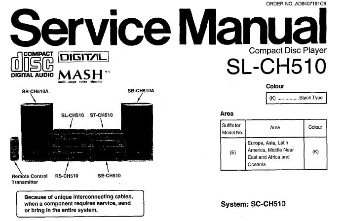 TECHNICS SL-CH510 CD PLAYER SERVICE MANUAL INC SCHEM DIAGS PCB'S WIRING CONN DIAG BLK DIAG TRSHOOT GUIDE AND PARTS LIST 22 PAGES ENG