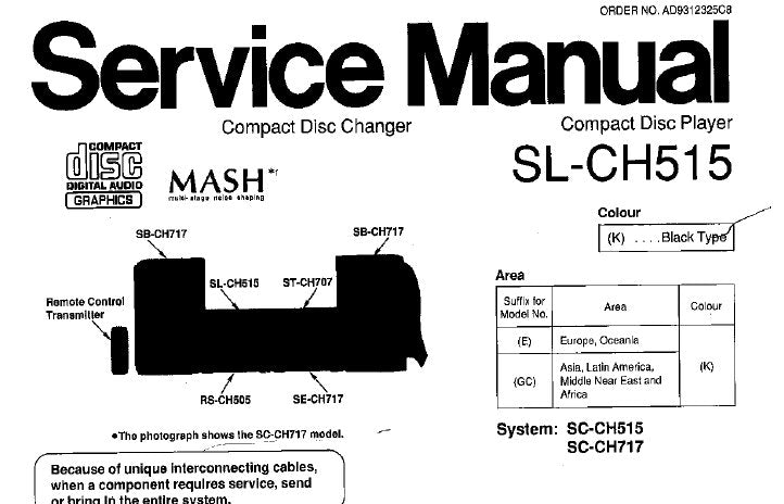 TECHNICS SL-CH515 CD PLAYER SERVICE MANUAL INC BLK DIAGS SCHEM DIAGS PCB'S WIRING CONN DIAG TRSHOOT GUIDE AND PARTS LIST 61 PAGES ENG
