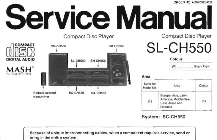 TECHNICS SL-CH550 CD PLAYER SERVICE MANUAL INC SCHEM DIAGS PCB'S WIRING CONN DIAG TRSHOOT GUIDE BLK DIAG AND PARTS LIST 20 PAGES ENG