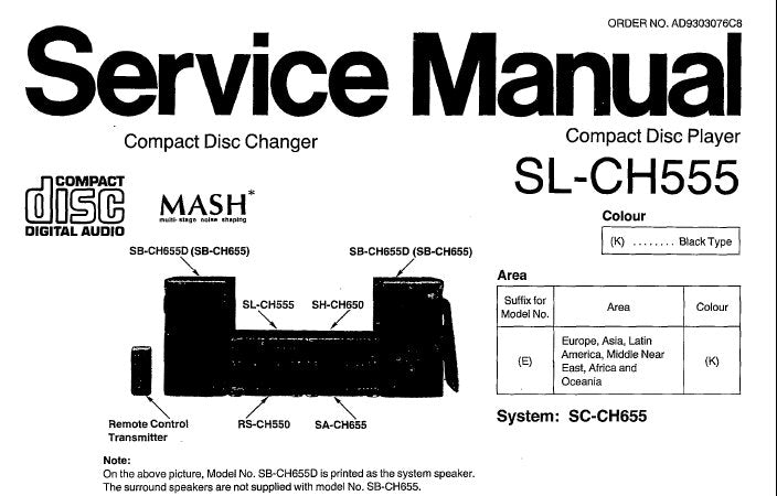 TECHNICS SL-CH555 CD PLAYER CD DISC CHANGER SERVICE MANUAL INC SCHEM DIAGS PCB'S TRSHOOT GUIDE BLK DIAG AND PARTS LIST 22 PAGES ENG