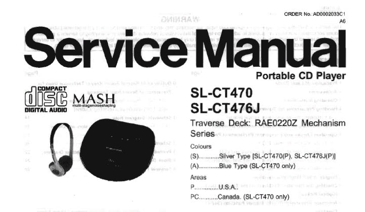 TECHNICS SL-CT470 SL-CT476J PORTABLE CD PLAYER SERVICE MANUAL INC SCHEM DIAG PCB'S BLK DIAG AND PARTS LIST 39 PAGES ENG