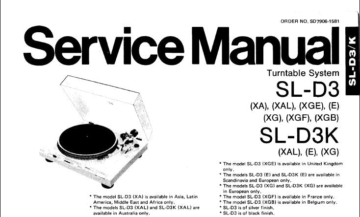 TECHNICS SL-D3 SL-D3K TURNTABLE SYSTEM SERVICE MANUAL INC BLK DIAG SCHEM DIAG PCB AND PARTS LIST 19 PAGES ENG DEUT FRANC