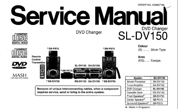 TECHNICS SL-DV150 DVD CHANGER SERVICE MANUAL INC BLK DIAG SCHEM DIAGS PCB'S WIRING CONN DIAG AND PARTS LIST 76 PAGES ENG