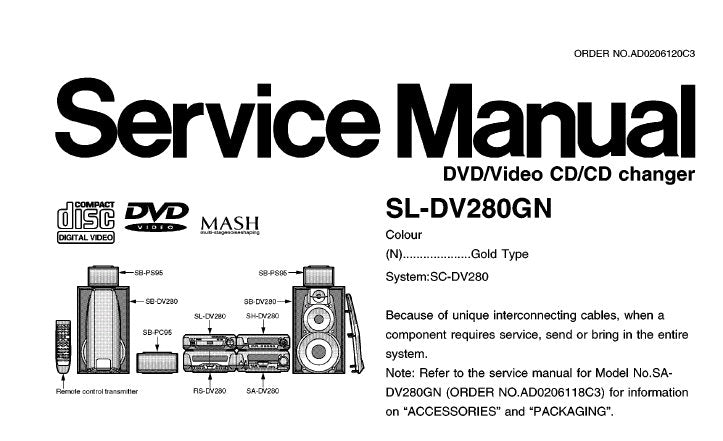 TECHNICS SL-DV280GN DVD VIDEO CD CD CHANGER SERVICE MANUAL INC BLK DIAG SCHEM DIAGS PCB'S WIRING CONN DIAG AND PARTS LIST 75 PAGES ENG