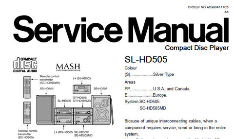 TECHNICS SL-HD505 CD PLAYER SERVICE MANUAL INC TRSHOOT GUIDE BLK DIAG SCHEM DIAG PCB'S WIRING CONN DIAG AND PARTS LIST 35 PAGES ENG