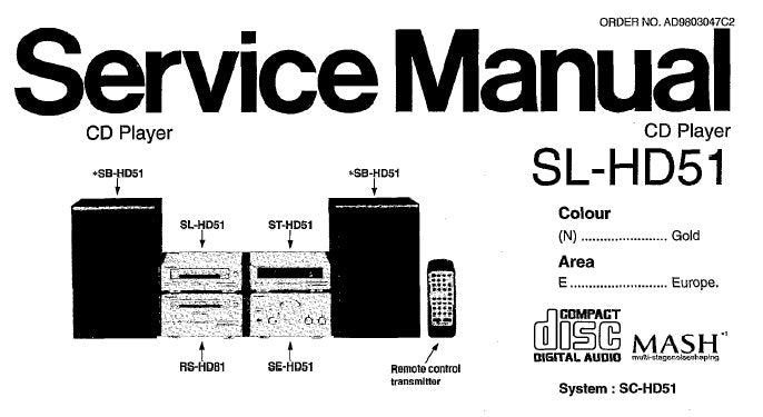 TECHNICS SL-HD51 CD PLAYER SERVICE MANUAL INC TRSHOOT GUIDE WIRING CONN DIAG SCHEM DIAGS BLK DIAG PCB'S AND PARTS LIST 36PAGES ENG