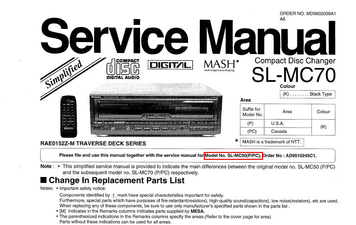 TECHNICS SL-MC70 CD CHANGER SERVICE MANUAL INC SCHEM DIAG PCB'S AND PARTS LIST 16 PAGES ENG