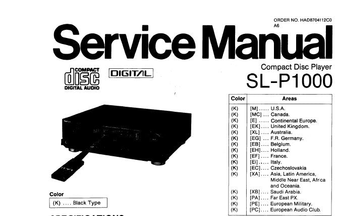 TECHNICS SL-P1000 CD PLAYER SERVICE MANUAL INC SCHEM DIAG PCB'S WIRING CONN DIAG BLK DIAG AND PARTS LIST 48 PAGES ENG
