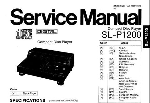 TECHNICS SL-P1200 CD PLAYER SERVICE MANUAL INC PCB'S WIRING CONN DIAG SCHEM DIAG BLK DIAG AND PARTS LIST 38 PAGES ENG