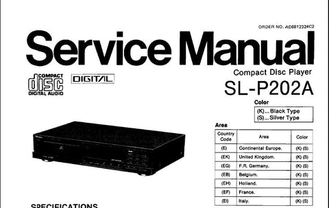 TECHNICS SL-P202A CD PLAYER SERVICE MANUAL INC BLK DIAGS SCHEM DIAG WIRING CONN DIAG PCB'S TRSHOOT GUIDE AND PARTS LIST 46 PAGES ENG
