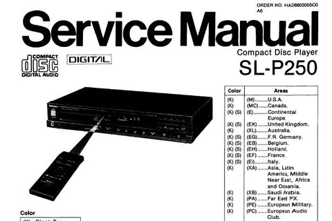 TECHNICS SL-P250 CD PLAYER SERVICE MANUAL INC CONN DIAG PCB'S BLK DIAG SCHEM DIAG TRSHOOT GUIDE AND PARTS LIST 56 PAGES ENG DEUT FRANC ESP