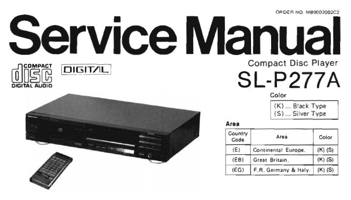 TECHNICS SL-P277A CD PLAYER SERVICE MANUAL INC CONN DIAG BLK DIAG SCHEM DIAG PCB'S WIRING CONN DIAG TRSHOOT GUIDE AND PARTS LIST 29 PAGES ENG