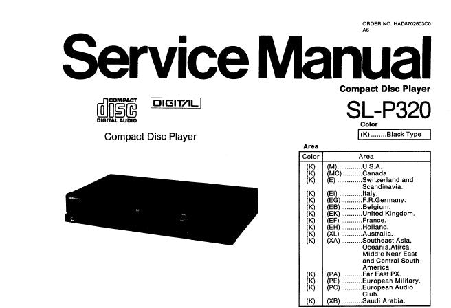 TECHNICS SL-P320 CD PLAYER SERVICE MANUAL INC PCB'S WIRING CONN DIAG SCHEM DIAGS BLK DIAG AND PARTS LIST 29 PAGES ENG