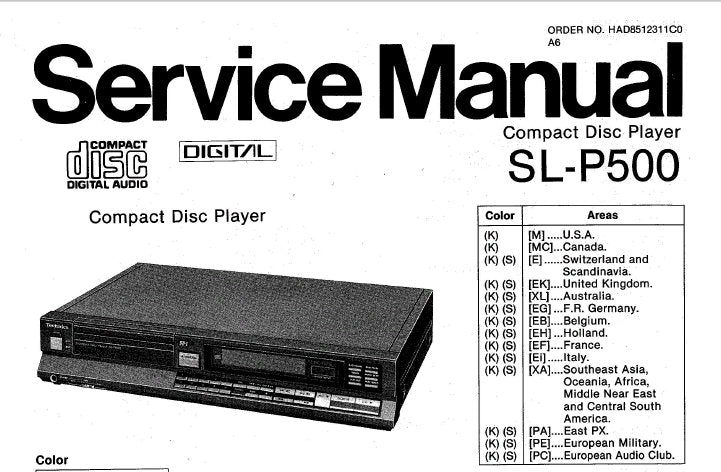 TECHNICS SL-P500 CD PLAYER SERVICE MANUAL INC CONN DIAG TRSHOOT GUIDE PCB'S WIRING CONN DIAG SCHEM DIAGS BLK DIAG AND PARTS LIST 43 PAGES ENG