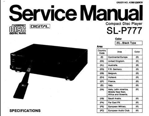 TECHNICS SL-P777 CD PLAYER SERVICE MANUAL INC BLK DIAG SCHEM DIAG WIRING CONN DIAG PCB'S TRSHOOT GUIDE AND PARTS LIST 45 PAGES ENG DEUT FRANC ESP