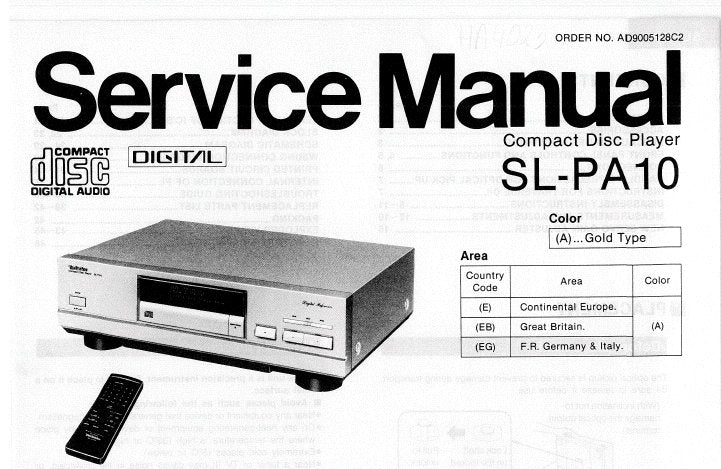 TECHNICS SL-PA10 CD PLAYER SERVICE MANUAL INC CONN DIAG BLK DIAG SCHEM DIAG WIRING CONN DIAG PCB'S TRSHOOT GUIDE AND PARTS LIST 36 PAGES ENG