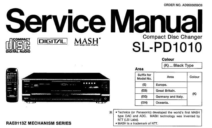 TECHNICS SL-PD1010 CD CHANGER SERVICE MANUAL INC CONN DIAG TRSHOOT GUIDE BLK DIAG SCHEM DIAG PCB'S AND PARTS LIST 58 PAGES ENG
