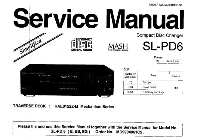 TECHNICS SL-PD6 CD CHANGER SERVICE MANUAL INC PCB'S SCHEM DIAG BLK DIAG AND PARTS LIST 8 PAGES ENG