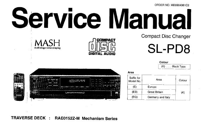 TECHNICS SL-PD8 CD CHANGER SERVICE MANUAL INC CONN DIAGS TRSHOOT GUIDE SCHEM DIAG PCB'S BLK DIAG WIRING CONN DIAG AND PARTS LIST 40 PAGES ENG