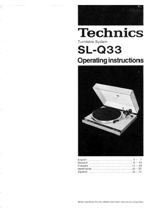 TECHNICS SL-Q33 TURNTABLE SYSTEM OPERATING INSTRUCTIONS INC CONN DIAG PAGES ENG DEUT FRANC NEDERLANDS ESP