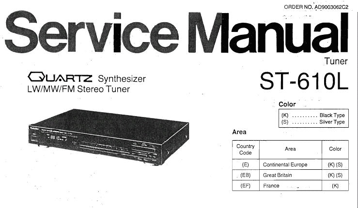 TECHNICS ST-610L QUARTZ SYNTHESIZER LW MW FM STEREO TUNER SERVICE MANUAL INC CONN DIAG SCHEM DIAG PCB BLK DIAG AND PARTS LIST 20 PAGES ENG