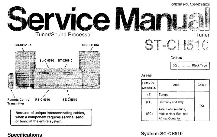 TECHNICS ST-CH510 TUNER SOUND PROCESSOR SERVICE MANUAL INC SCHEM DIAGS PCBS BLK DIAG AND PARTS LIST 14 PAGES ENG