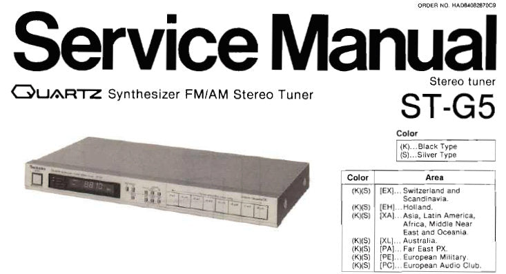 TECHNICS ST-G5 QUARTZ SYNTHESIZER FM AM STEREO TUNER SERVICE MANUAL INC PCBS BLK DIAG SCHEM DIAG AND PARTS LIST 12 PAGES ENG