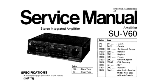 TECHNICS SU-V60 STEREO INTEGRATED AMP SERVICE MANUAL INC BLK DIAG PCBS SCHEM DIAG AND PARTS LIST 15 PAGES ENG