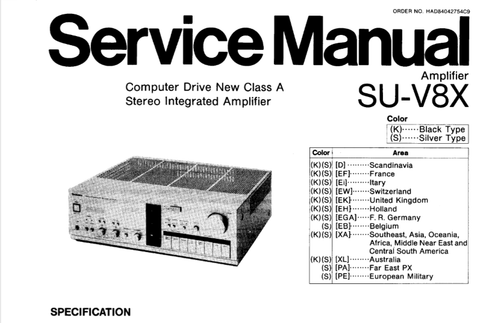 TECHNICS SU-V8X COMPUTER DRIVE NEW CLASS A STEREO INTEGRATED AMP SERVICE MANUAL INC BLK DIAG PCBS SCHEM DIAG AND PARTS LIST 13 PAGES ENG