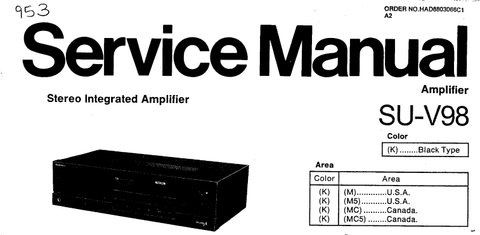 TECHNICS SU-V98 STEREO INTEGRATED AMPLIFIER SERVICE MANUAL INC BLK DIAG PCBS SCHEM DIAG AND PARTS LIST 20 PAGES ENG